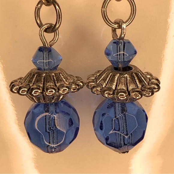 Handmade silver & sapphire blue crystal dangle earrings w/ fish hook back - Picture 2 of 6